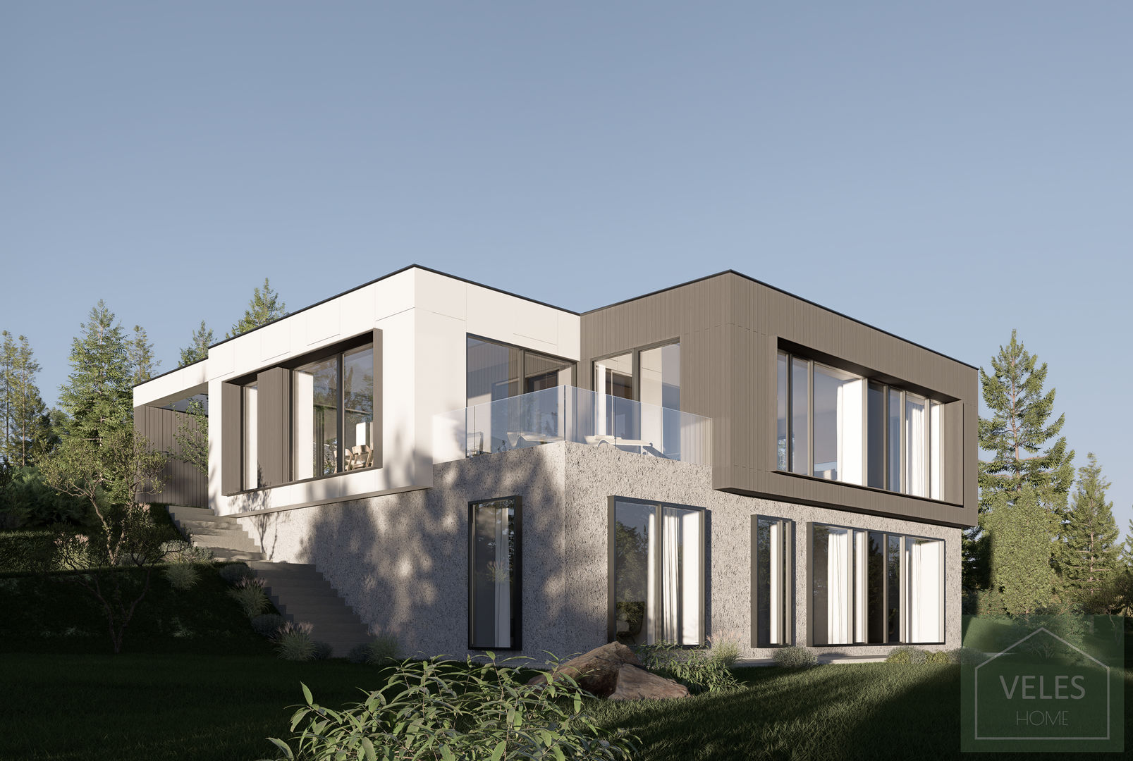 Современный проект дома с цокольным этажом на рельефе "Калифорния"